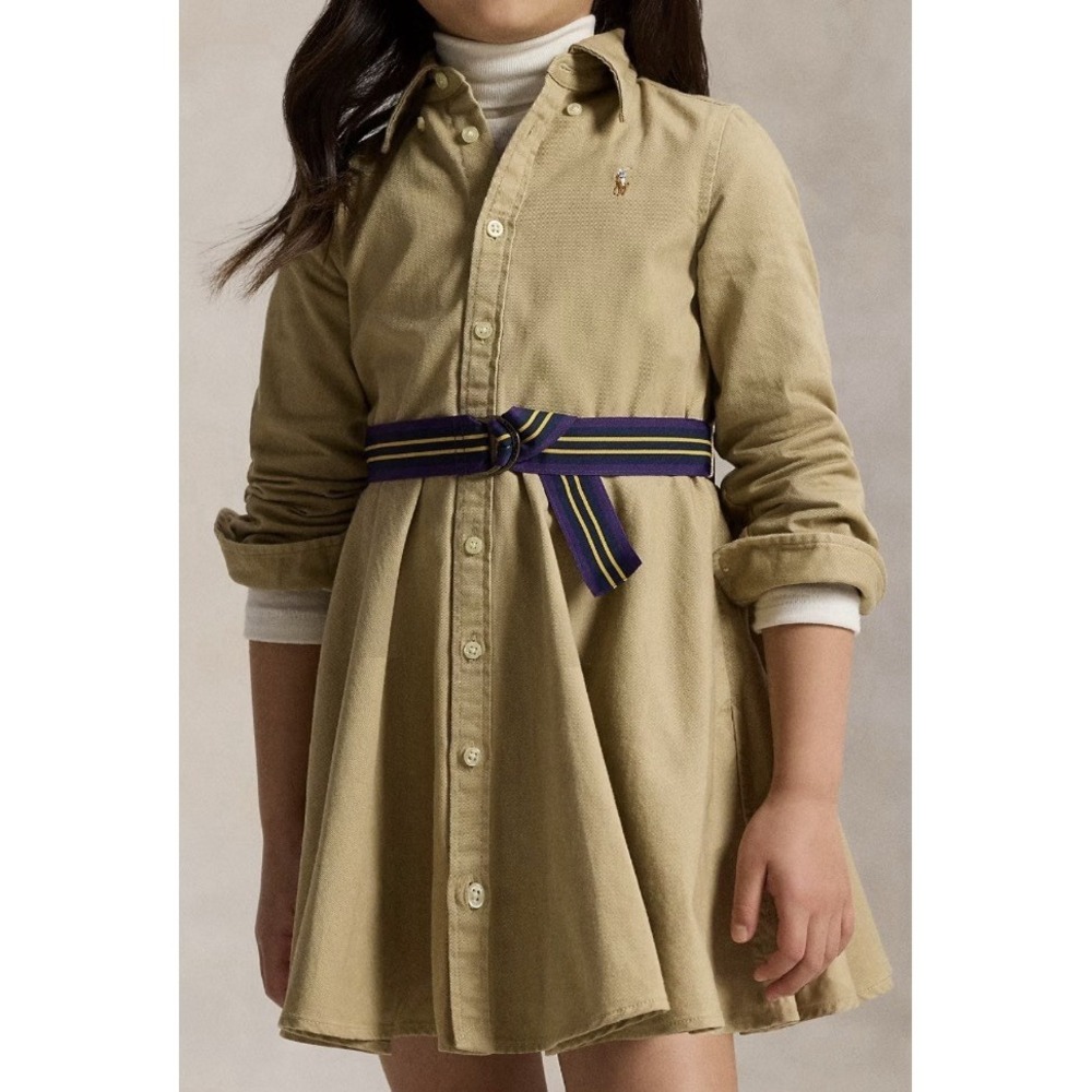 RALPH LAUREN Shirt-Dress Size 4 Girls Belted Chino Long Sleeve Khaki